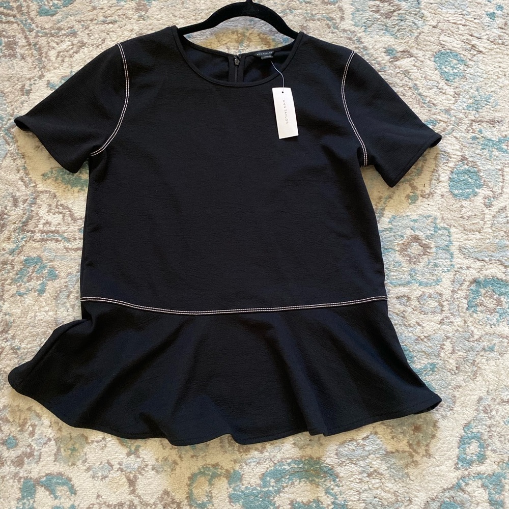 Navy Ann Taylor Peplum Short-Sleeve Top NWT